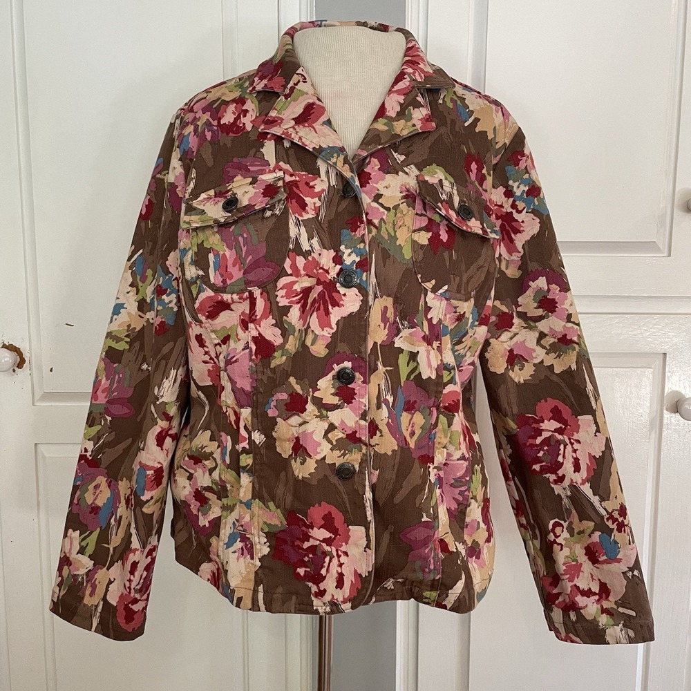 Christopher &‎ Banks Floral Blazer Jacket Womens XL Cotton Blend Stretch Casual